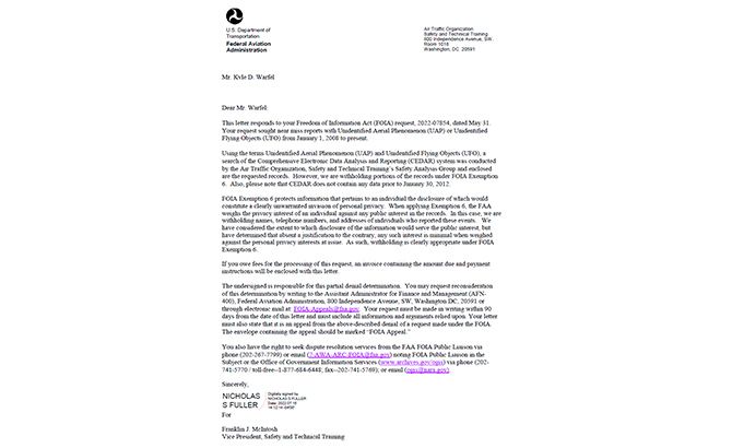 Carta de respuesta a la solicitud FOIA