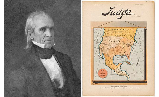 El presidente James Knox Polk junto a un mapa satírico de Cuba