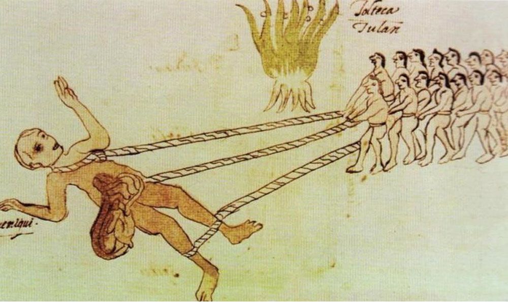 Un Quinametzin es arrastrado por olmecas xicalancas