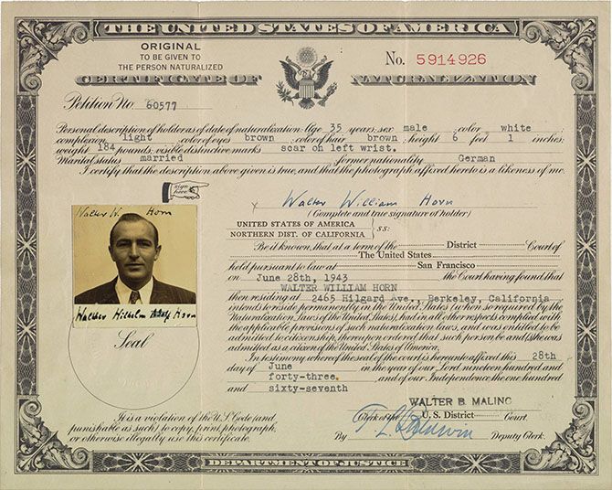 Certificado de naturalización de Walter W Horn