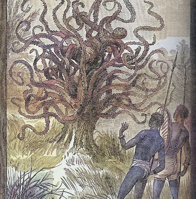 Un nativo es devorado por un Yateveo, ilustración de Buel en Land and Sea (1887)