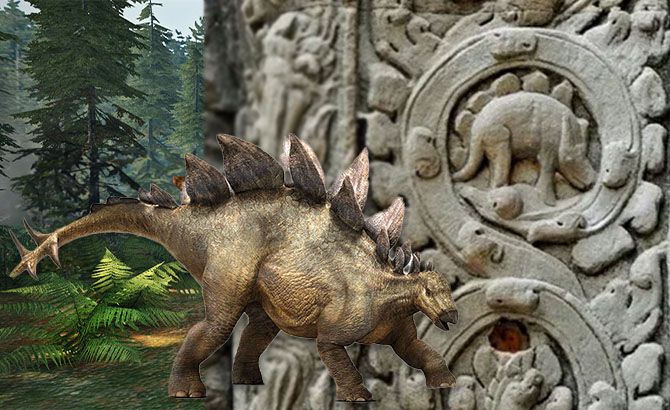 Comparación entre un estegosaurio y el bajorrelieve de Angkor