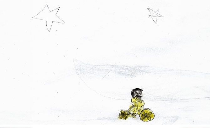 Una niña de 11 años dibujó al pishtaco sobre una moto de oro