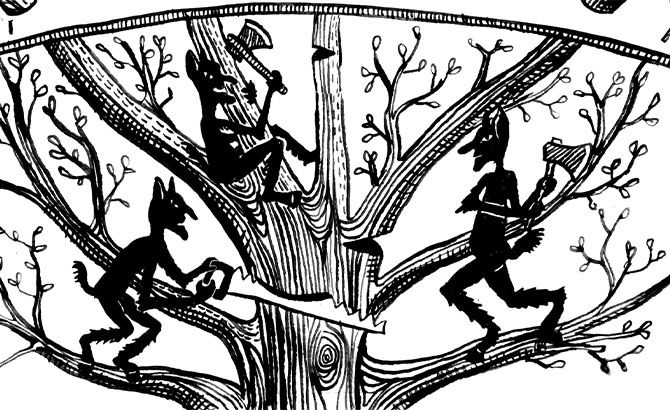 Representación de tres kallikantzaros serrando el árbol que sostiene al mundo