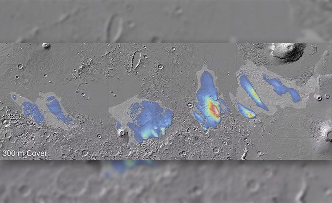 Este mapa muestra la cantidad estimada de hielo dentro de los depósitos de la formación Medusae Fossae