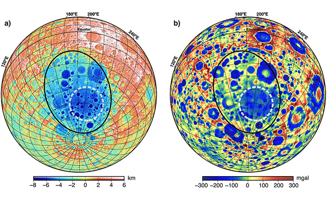 Proyección ortográfica de la topografía lunar recopilada por el altímetro láser Lunar Orbiter Proyección ortográfica de la topografía lunar recopilada por el altímetro láser Lunar Orbiter