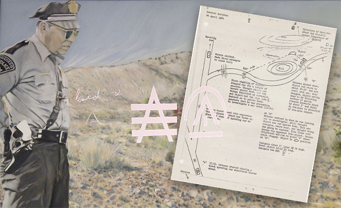 Lonnie Zamora junto a los simbolos que vio en el objeto y su declaración ante el FBI