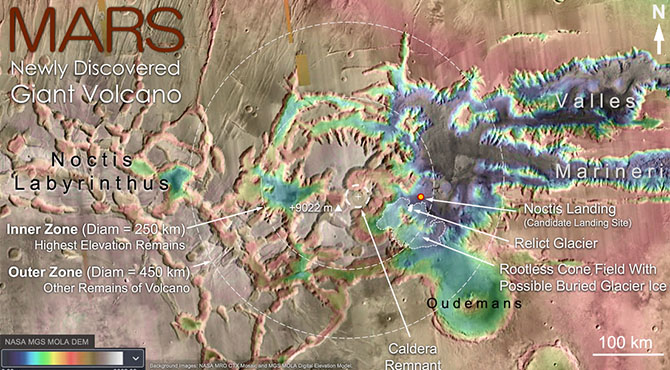 Mapa topográfico que muestra la ubicación icónica del volcán Noctis