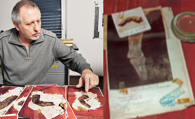 A la izquierda, Gregor Spörri examinando imágenes de la reliquia y la foto Polaroid (dcha)