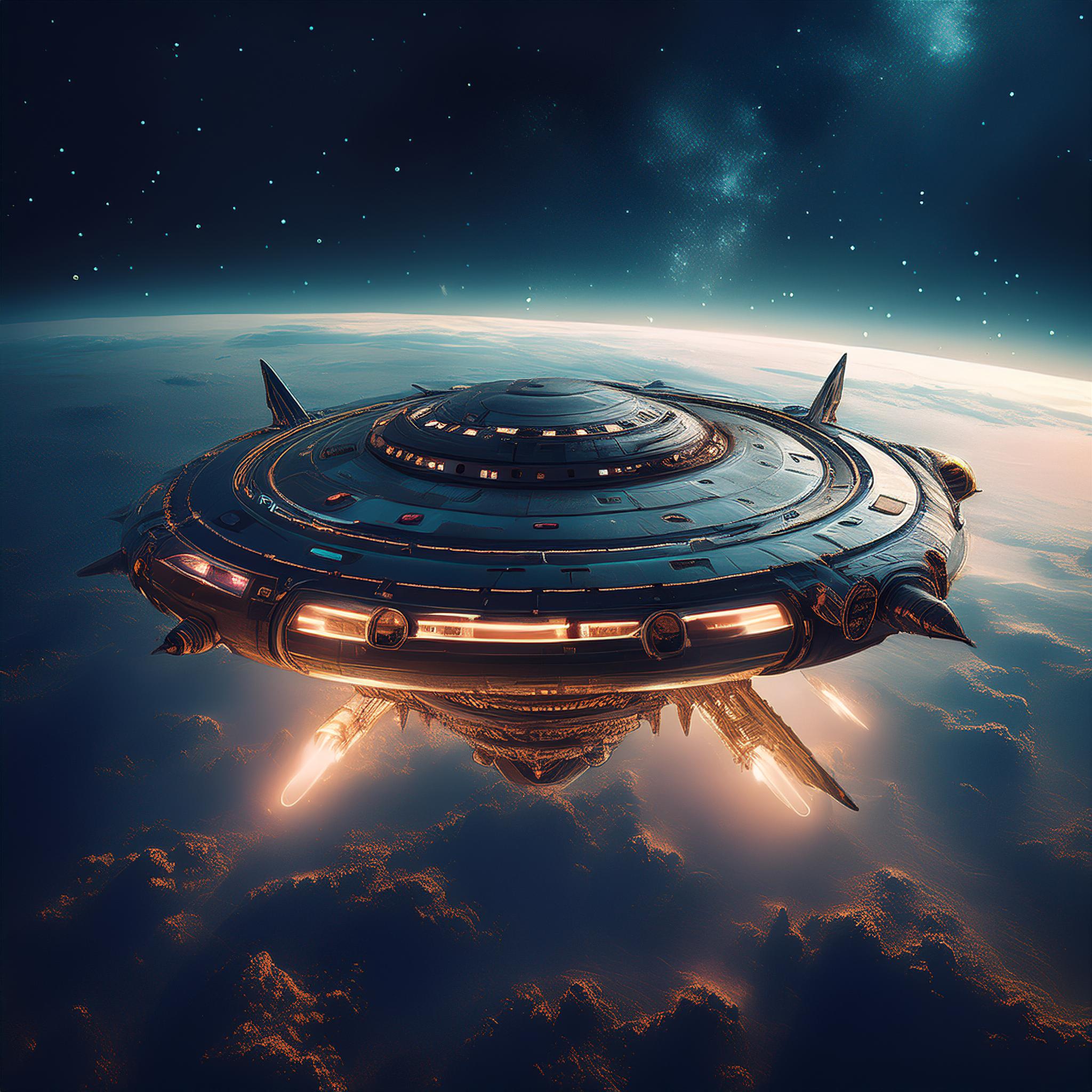 Firefly Una nave espacial de plomo de vapor punk con muchas luces flota en una noche oscura con cien