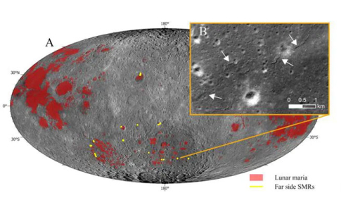 Las pequeñas crestas en el lado oculto de la Luna (representadas en amarillo) Las pequeñas crestas en el lado oculto de la Luna (representadas en amarillo)