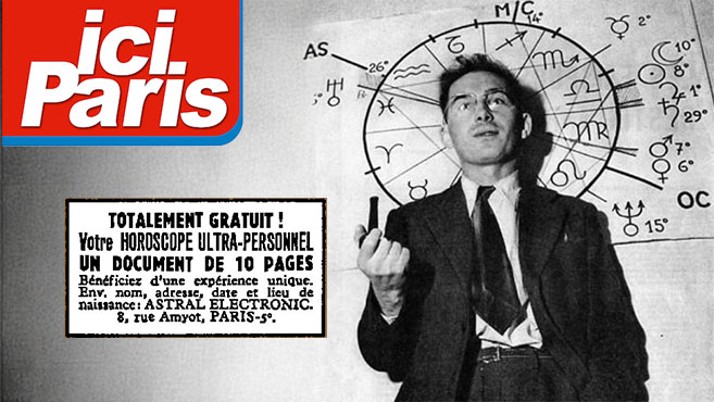 A la derecha el astrólogo André Barbault y el anuncio de Ici París ofreciendo horóscopos gratis