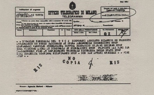 Uno de los telegramas que referencian la prohibición de hablar del incidente Uno de los telegramas que referencian la prohibición de hablar del incidente