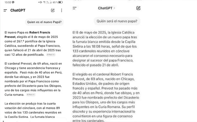 Dos capturas del ChatGPT que predice correctamente el elegido por los cardenales
