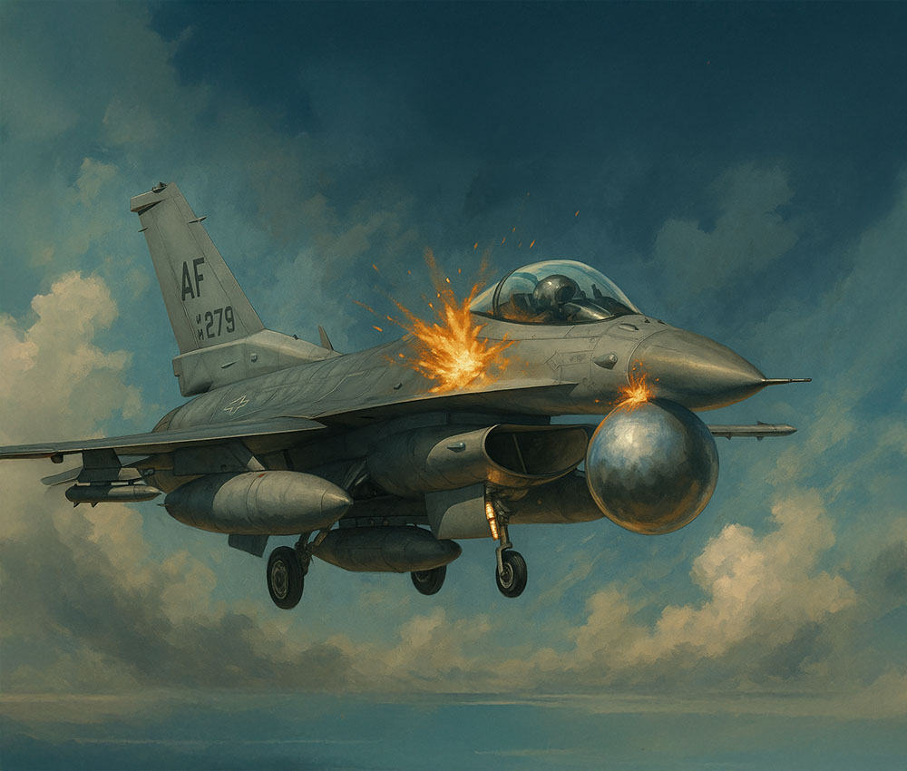 Un F16 colisionó con una esfera ovni