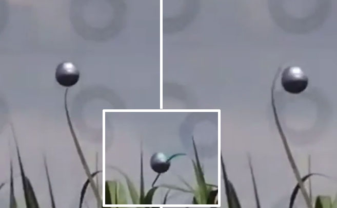 En estos fotogramas se ve como la esfera pasa por delante o atraviesa (en el centro) las hojas