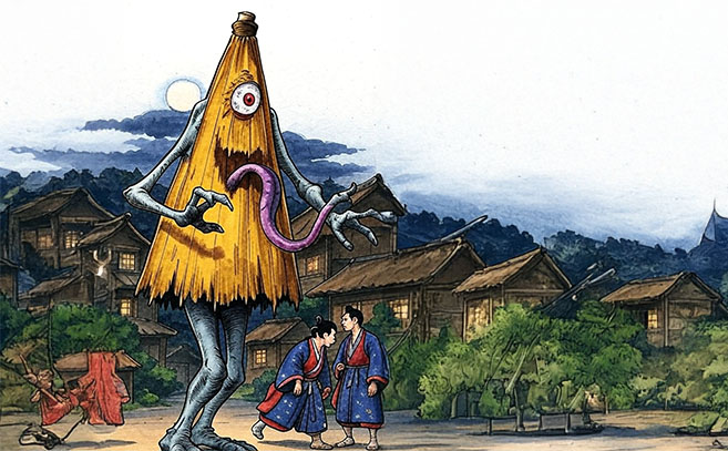 Una representación del Karakasa, el paraguas monstruoso