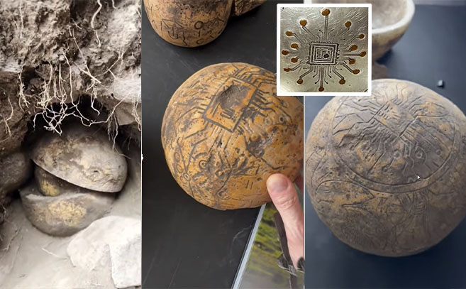 Tres fotogramas de la esfera hallada en Tula y su comparación con el chip de Buga