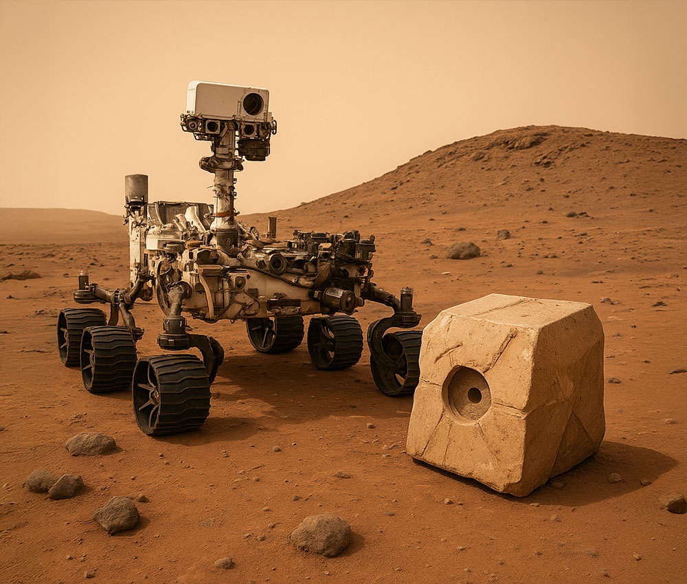El rover Perseverance frente a una piedra articicial creada por la IA