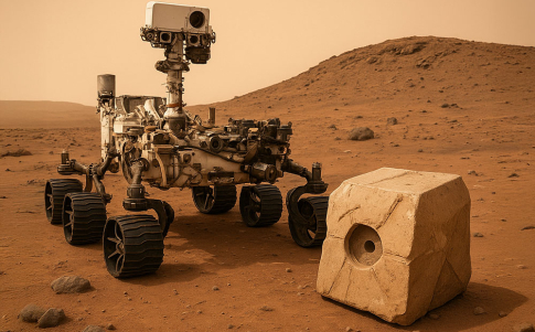 El rover Perseverance frente a una piedra articicial creada por la IA