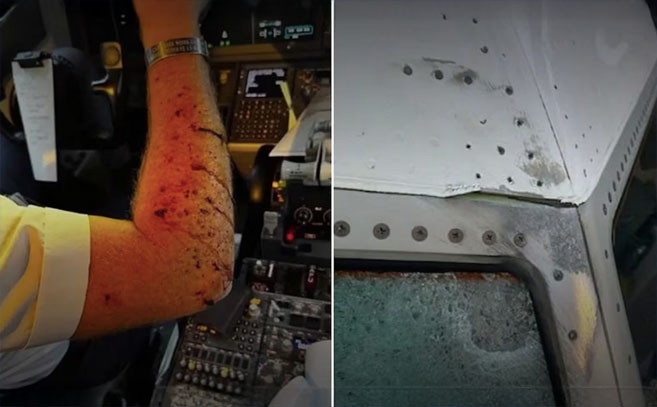 El comandante Weber quedó herido por algo misterioso que golpeó la ventanilla del avión