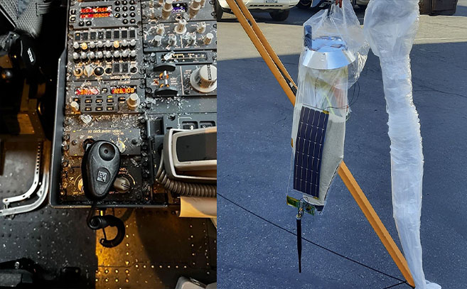 El pedestal del avion lleno de cristales y un lastre de arena de un globo