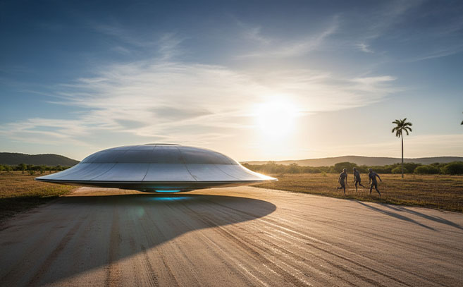 Sobre la pista para avionetas de la hacienda había posado un objeto en forma de plato invertido y tres figuras humanoides