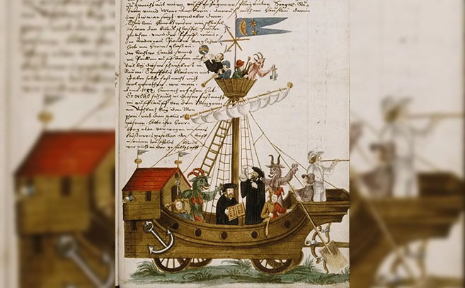 Una carroza del Carnaval de Núremberg con sabios, demonios y bufones Una carroza del Carnaval de Núremberg con sabios, demonios y bufones