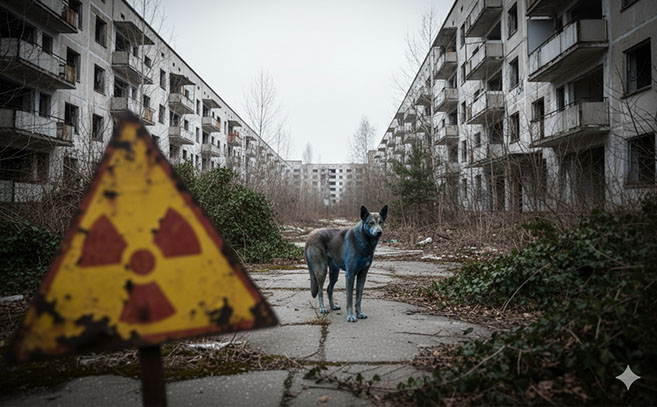 Recreación con IA de un paisaje urbano de Prípiat con un perro azul