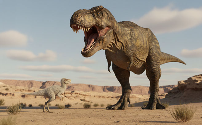 Comparativa de tamaño entre el T Rex y el Alnashetri cerropoliciensis