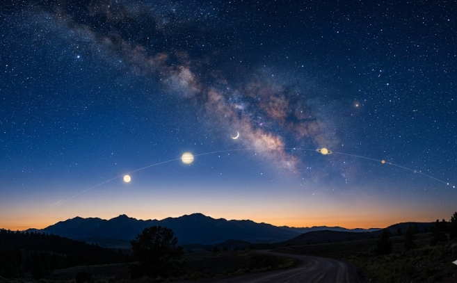 Recreación de la alineación planetaria que involucra a 6 planetas y la luna