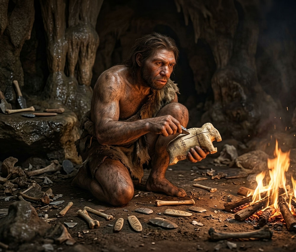 Un neanderthal talla una estatuilla en el interior de una cueva del Jura de Suabia en el suroeste de Alemania