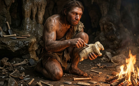 Un neanderthal talla una estatuilla en el interior de una cueva del Jura de Suabia en el suroeste de Alemania