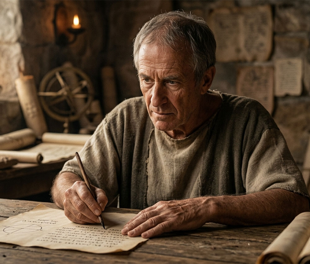 Recreación IA de Arquímedes escribiendo su Palimpesto