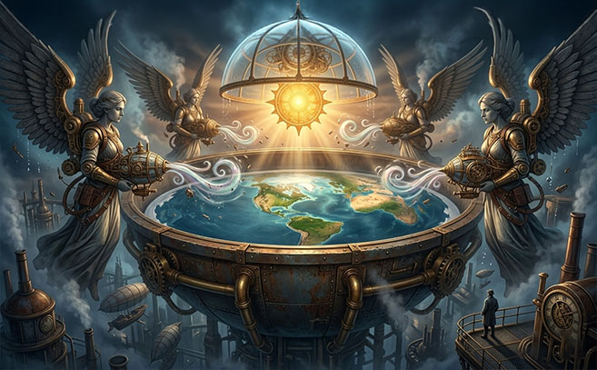 Una recreación ciberpunk de la cita del Apocalipsis 7 1 que inspira el terraplanismo