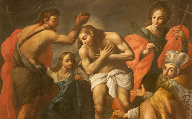 La pintura del Bautismo de Cristo entre los santos en el Duomo La pintura del Bautismo de Cristo entre los santos en el Duomo