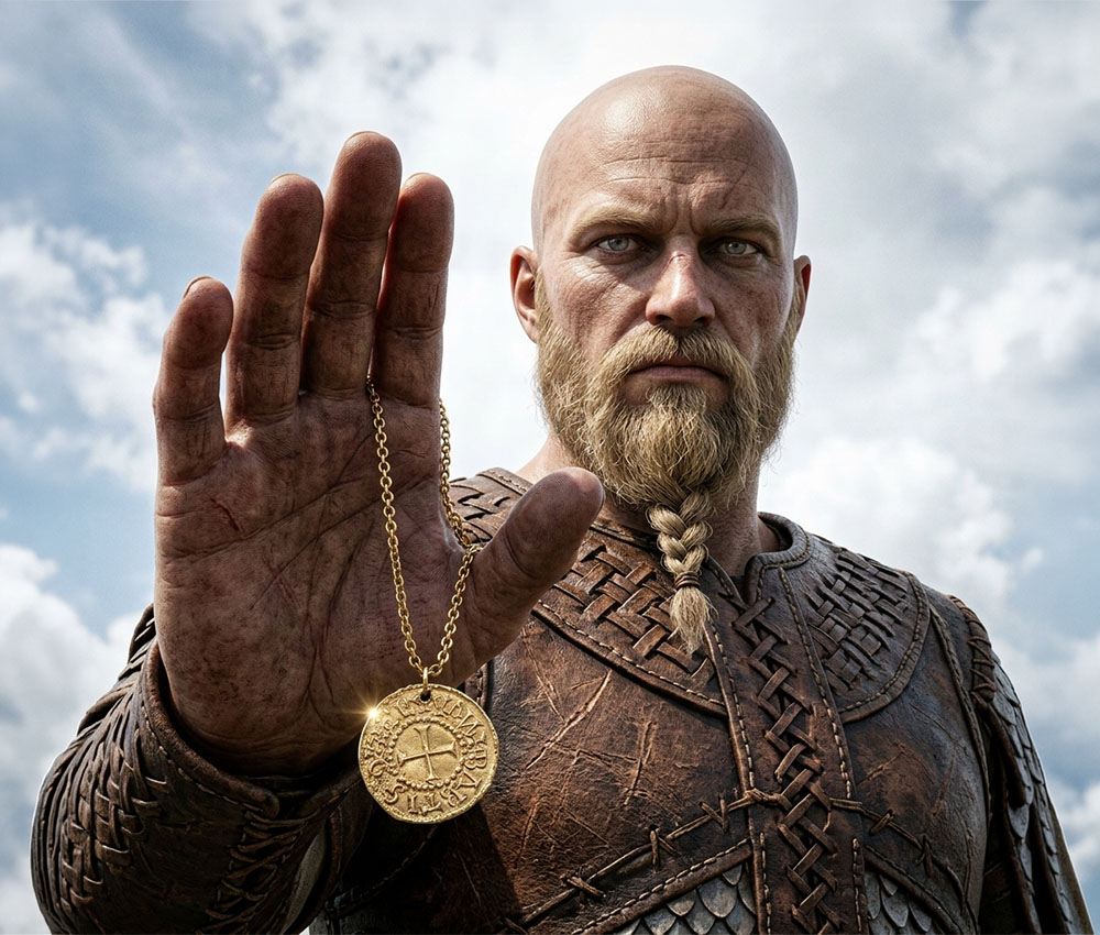 Recreación de un vikingo sosteniendo el colgante descubierto en Inglaterra