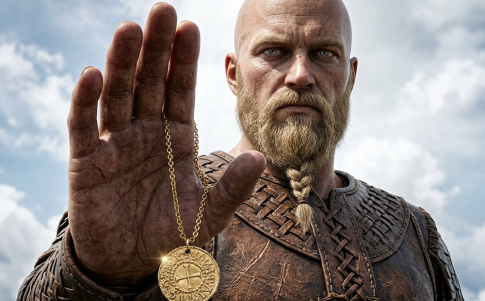 Recreación de un vikingo sosteniendo el colgante descubierto en Inglaterra