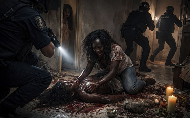 En el interior, la policía hallí una escena estremecedora, una mujer estaba encima de la víctima que permanecía en el suelo con heridas muy graves