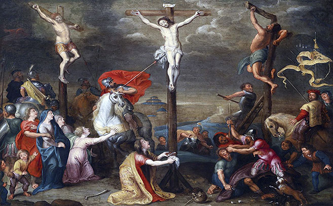 La escena dramática de la crucifixión por el pintor flamenco Simon de Vos