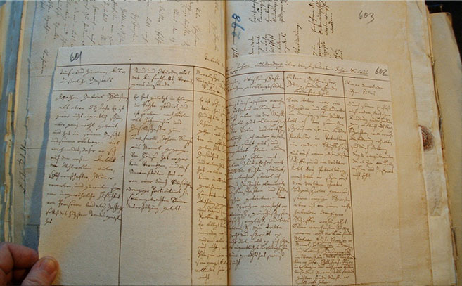Volumen 10 de la Caja Sueca donde vemos que los documentos están pegados capa por capa