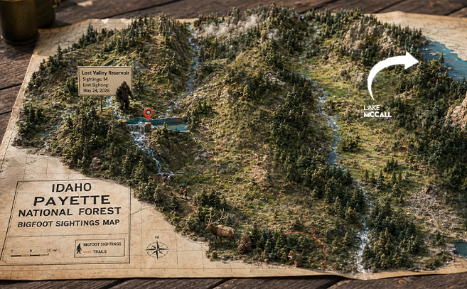 Topografía del Bosque Nacional Payette y el lugar del avistamiento del Bigfoot Topografía del Bosque Nacional Payette y el lugar del avistamiento del Bigfoot