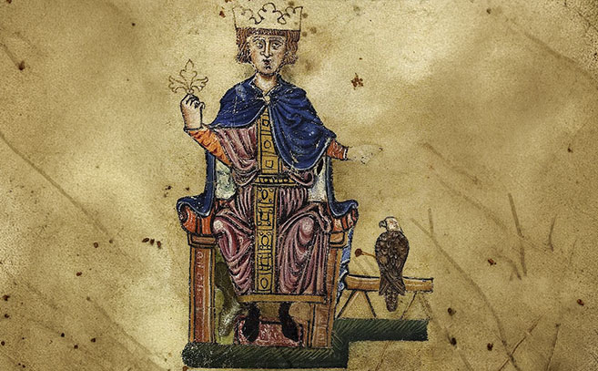 El emperador Federico II de Hohenstaufen sosteniendo un objeto floral