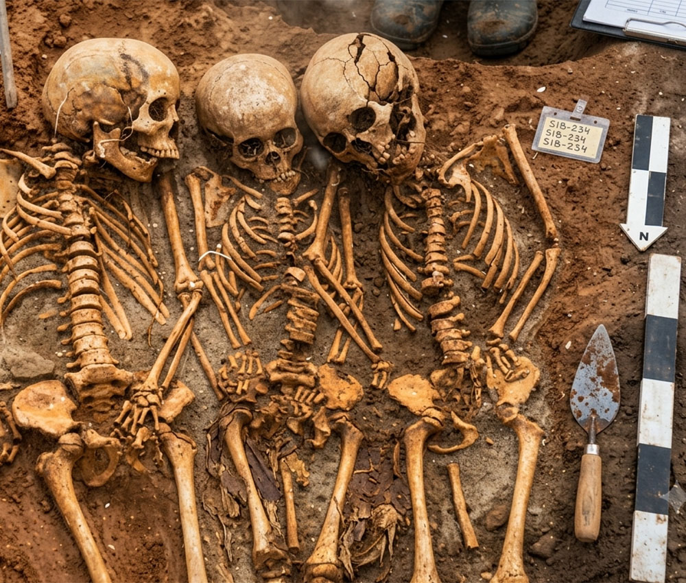 Reconstrucción IA de la tumba compartida que contenía ADN de la peste