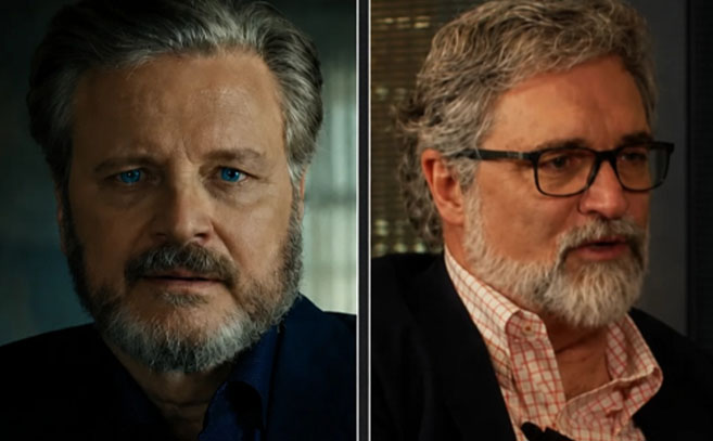 El personaje de Colin Firth (izq) en Disclosure Day guarda un parecido más que casual con Glenn Gaffney
