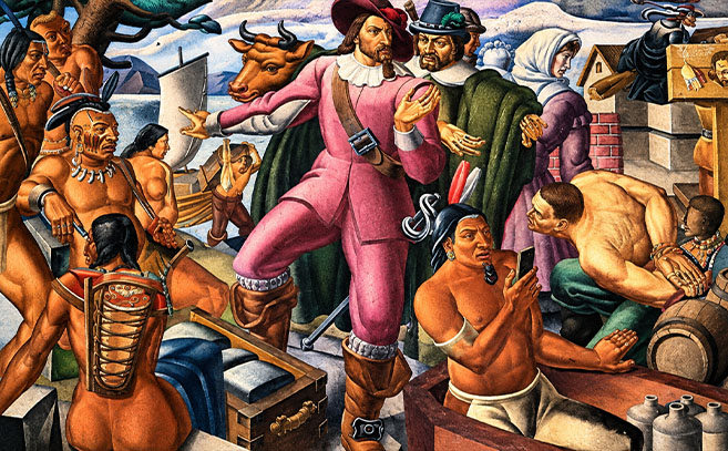 Parte del mural 'Míster Pynchon y el asentamiento de Springfield', instalado en 1937 por el pintor Umberto Romano Parte del mural 'Míster Pynchon y el asentamiento de Springfield', instalado en 1937 por el pintor Umberto Romano