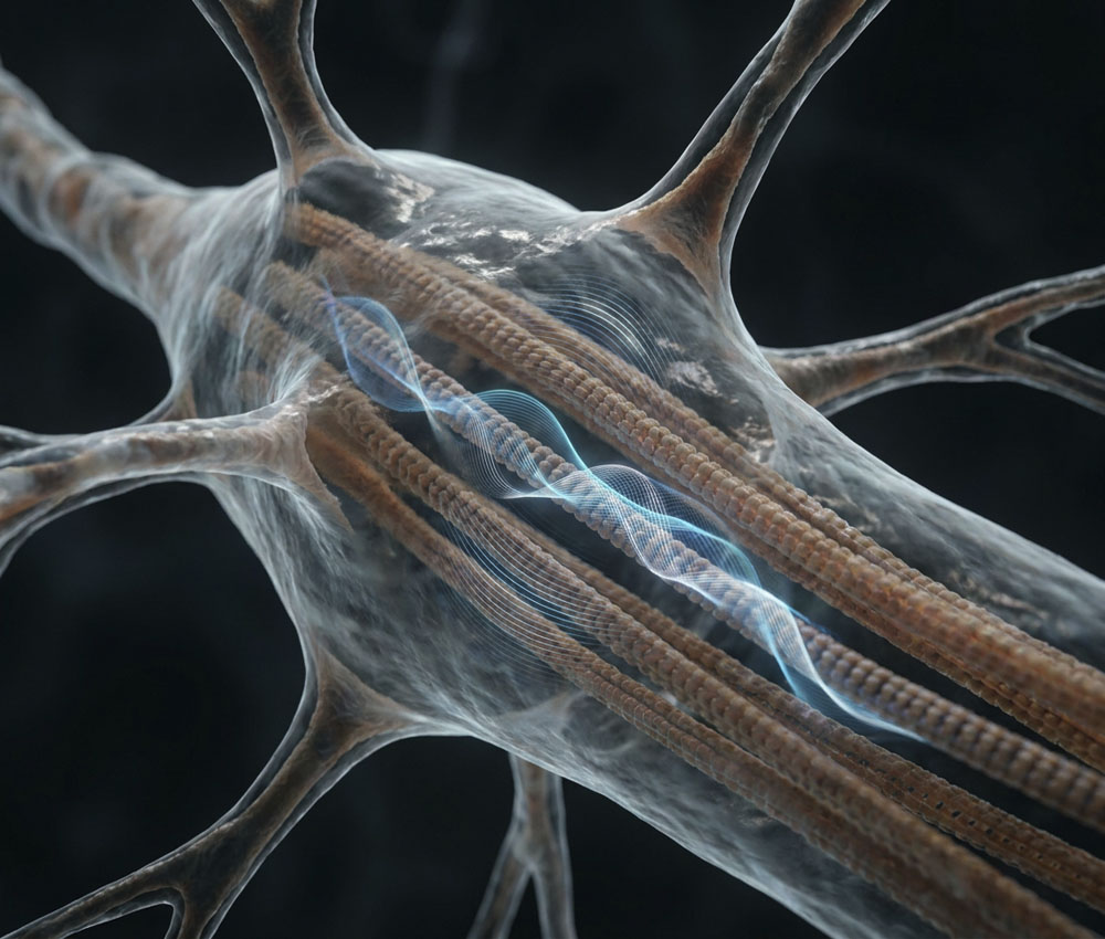Una neurona humana con sus microtúbulos de tubulina