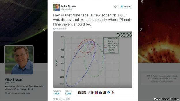Mike Brown anuncia en su cuenta de Twitter la existencia del Noveno Planeta