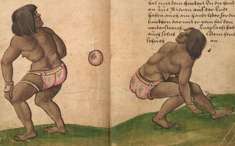 Los atletas golpean una pelota de goma con sus caderas en una versión del famoso juego de pelota de Mesoamérica, que se muestra aquí en una ilustración colonial.